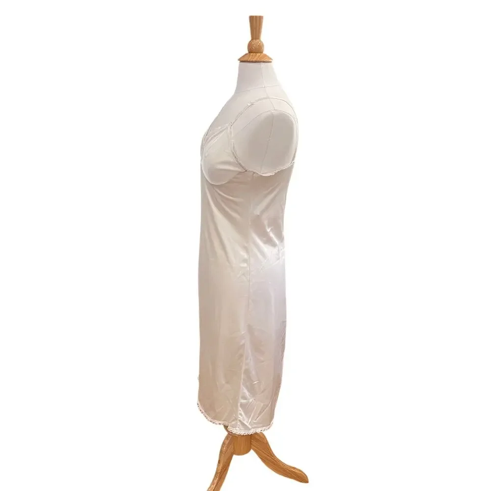Vintage 80s Sears Ivory Satin Slip Dress, Lace Trim, Size 36, M